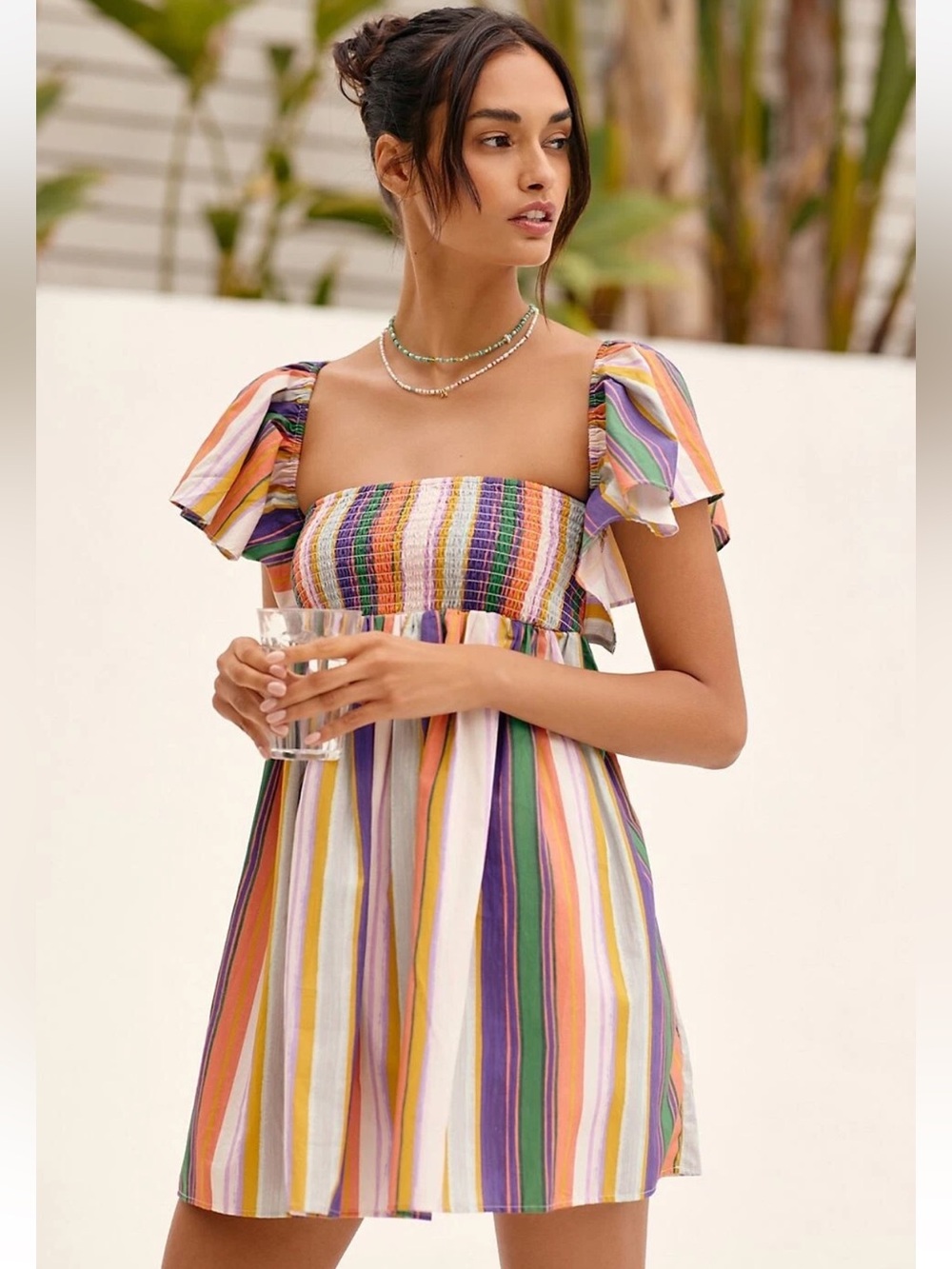 Anthropologie Multicolor Striped Ruffle Mini Dress Open Back XL